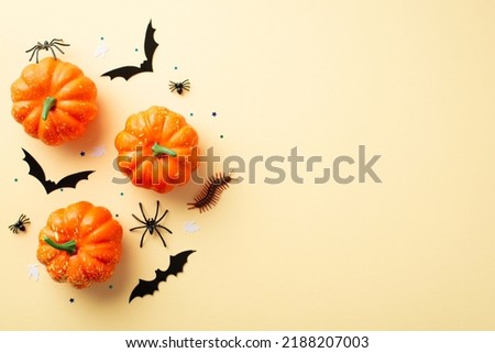 Top view photo of halloween decorations pumpkins bat silhouettes spiders centipede and confetti on isolated beige background with copyspace