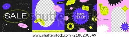 Trendy retro sale web background collection. Square social media template set for modern business  special discount event. Vintage 90s style store banner design with transparent copy space. Royalty-Free Stock Photo #2188230549