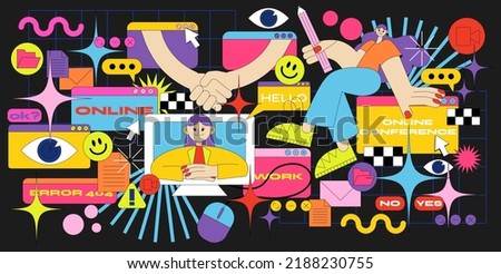 acid cartoon retro frames of online communication tabs. memphis style. abstract geometric linear backgrounds in bright colors with characters girls workers, online learning, conferences, computer. Royalty-Free Stock Photo #2188230755