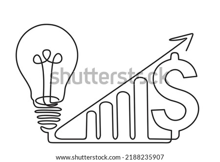Continuous one single line drawing Productivity bar chart with dollar sign and lights idea icon vector illustration concept