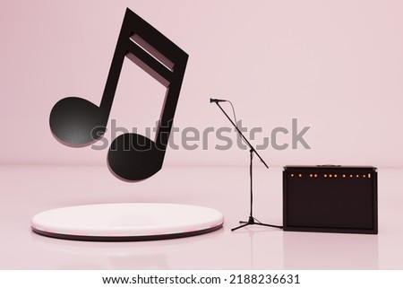 performance on stage. karaoke, singing into a microphone. microphone, note in black on a round pedestal on a pink background. 3d render. 3d illustration