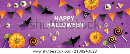 Halloween discount banner, autumn holiday season background, funny candy lollipop garland, spiderweb. Vector purple promotion poster, pumpkin, spooky sweets, cute scary eye. Halloween banner flyer