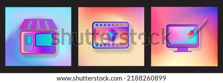 A set of colored icons store computer display and movie icon. 3d illustration