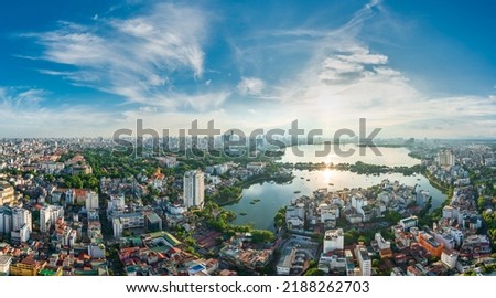 Hanoi Panorama view cityscape 2022, Westlake golden hour Royalty-Free Stock Photo #2188262703