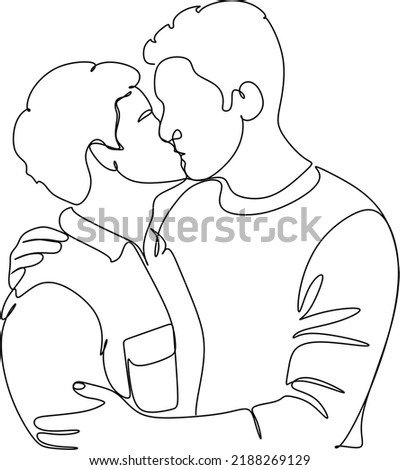 Hand drawn couple line art vector illustration. Man kiss sketch. Happy together. Lovers outline drawing. Love concept. Gay couple kissing. Lgbt concept.Gay Couple line vector illustration. Love print.
