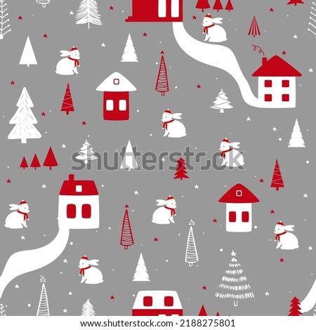 Funny seamless vector pattern with rabbit, houses, snowflakes and Christmas tree. Can be used  for fabric, phone case and wrapping paper. New year 2023.
