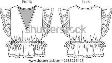 Vector sleeveless top with ruffles fashion CAD, woman tank top with frills elasticized waistband technical drawing, template, sketch, flat.Jersey or woven fabric top with front, back view, white color Royalty-Free Stock Photo #2188293425