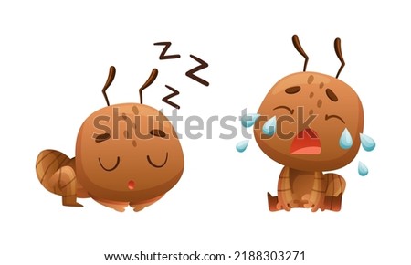 Cute little ant sleeping and crying. Funny insect in everyday activities cartoon vector illustration