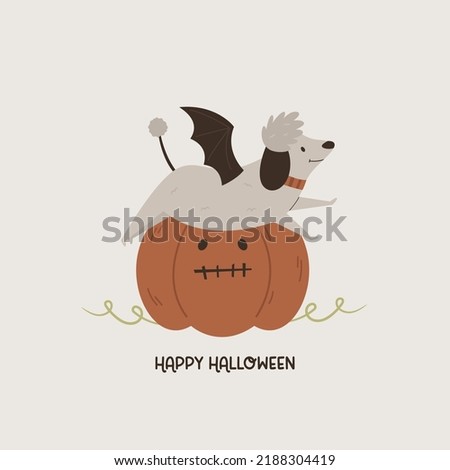 Halloween illustration with funny bat dog and pumpkin.