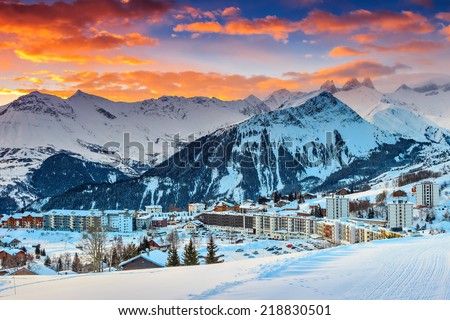Morning landscape and ski resort in French Alps,La Toussuire,France,Europe Royalty-Free Stock Photo #218830501