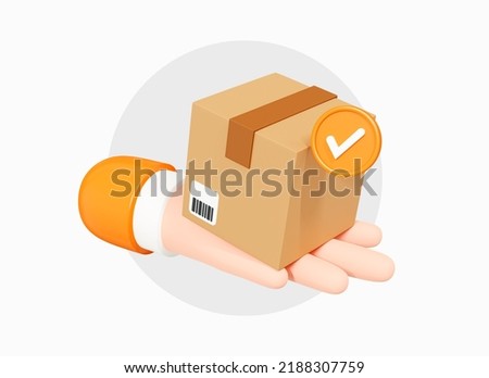 3D Hand holding parcel with check mark. Delivery of order in cardboard box. Fast delivery concept. Mail by courier. Cartoon creative design icon isolated on white background. 3D Rendering