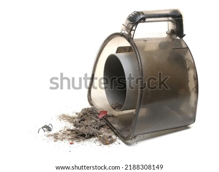Plastic container from vacuum cleaners and trash, dust pile isolated on white  Royalty-Free Stock Photo #2188308149
