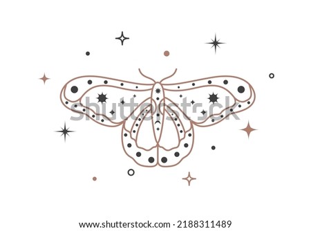 Mystical celestial outline moth with stars line art. Spiritual elegant butterfly for branding name logo cosmetical salon and shop. Esoteric magical temporary tattoo. Doodle Vector illustration