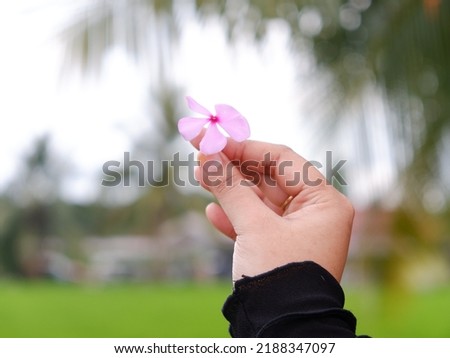 A woman hold a flower.