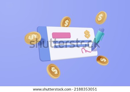 3D bank cheque and money coin with pen, banking payment receipt. Composition with financial business accounts, 3d money and paying invoice bill. 3d money certificate icon vector render illustration Royalty-Free Stock Photo #2188353051