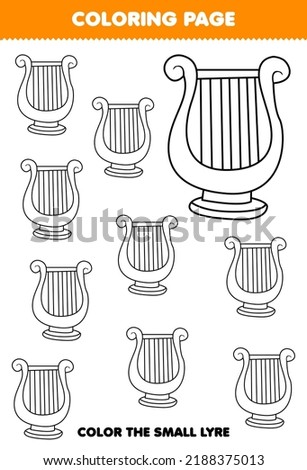 Education game for children coloring page big or small picture of music instrument lyre printable worksheet