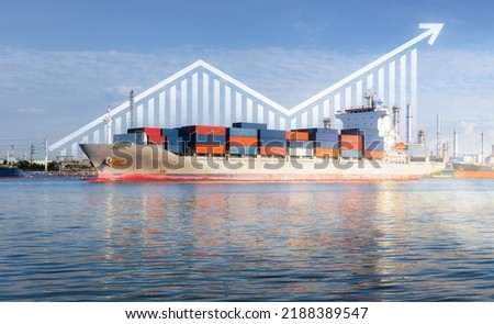 Cargo ship, cargo container at dock, port or harbour. Freight transport with up arrow, increase graph or bar chart. Concept for import export business, growth market, trade, profit and demand supply.
