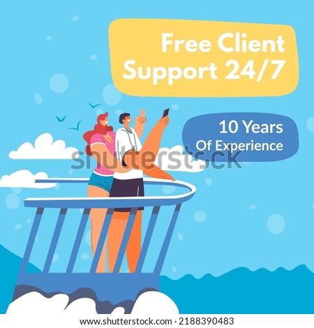 Tourist agency providing free client support and help, advice from experts. Ten years of experience, woman and man on journey, summer vacation in tropical country location. Vector in flat style