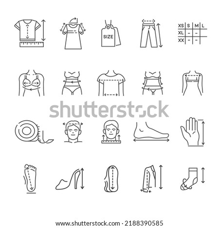 Measurements and dimensions of clothes, shoes and apparel. Isolated human body, breast, and shoulders, waist and hips, feet and palm. Size chart for outfits at stores and shops. Vector in flat style