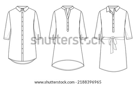 womens kurtha tops flat sketch vector illustration long sleeve shirt dress technical drawing template. cad mockup. Royalty-Free Stock Photo #2188396965