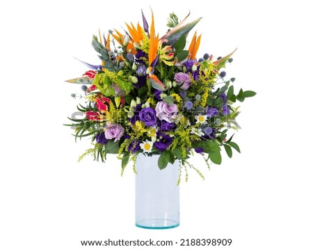 Flowers arranged in a bouquet set in a vase, on a white screen