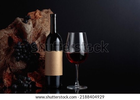 Bottle of red wine with empty label. In the background old snag and grapes with dried-up vine leaves. Copy space.