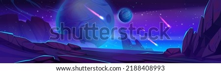 Alien planet landscape, night Mars surface with meteorites and spheres in space. Extraterrestrial game background with mountains, rocks and dark starry sky with comets, Cartoon vector illustration