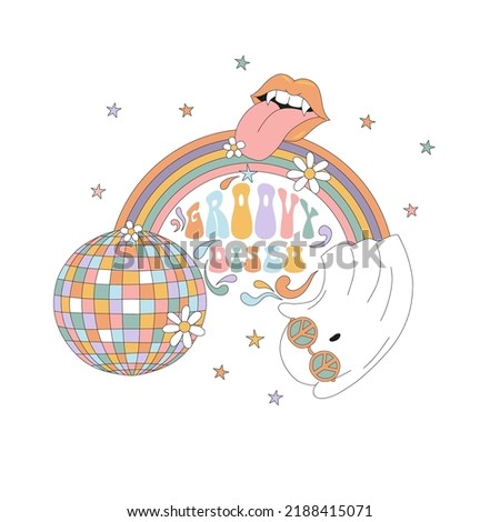 Groovy disco party vampy lips with tongue cute hippie ghost vector illustration isolated on white. Retro 60s 70s floral Halloween discotheque poster. 