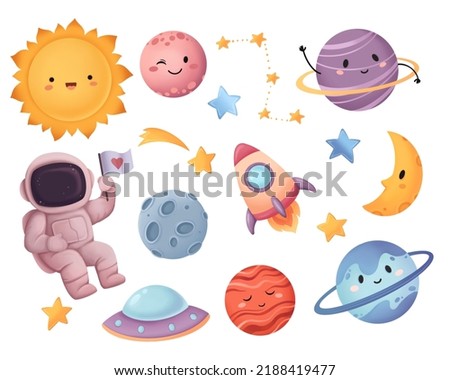 Cute space set clip art, astronomy, celestial, universe set, planets, astronaut, ufo, stars, rocket, moon, kawaii space, isolated on white background, suitable for prints, stickers, postcards