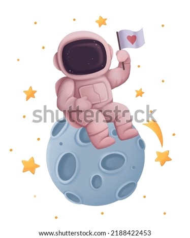 Cute astronaut on the moon, space clip art, isolated on white background, suitable for prints, postcards, patterns, stickers, website elements