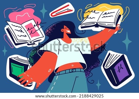 Happy girl student surrounded with books enjoy education in college or university. Smiling woman taking educational course in school. Learning concept. Vector illustration. 