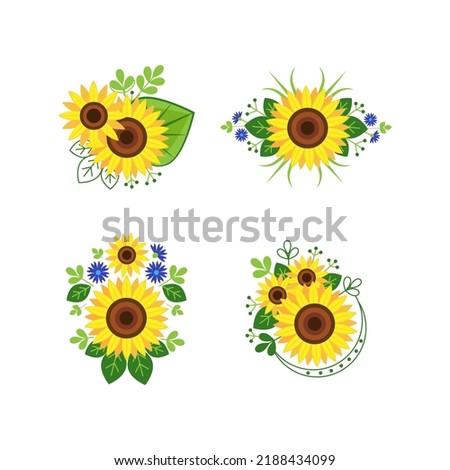 Set of compositions with beautiful sunflowers on white backgroun