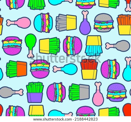 Fast food pattern seamless. burger and fried chicken leg and French fries background