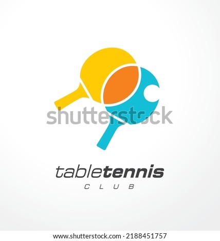 Table tennis club colorful logo design idea with two rackets and ball in negative space. Ping pong symbol or icon graphic. Sport and recreation vector illustration.