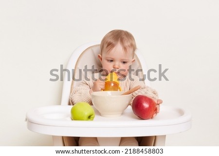 Horizontal shot of adorable infant baby wearing beige sweater sitting in a child's chair, isolated on a white background, toddler kid drinking water, looking and touching red apple. Royalty-Free Stock Photo #2188458803