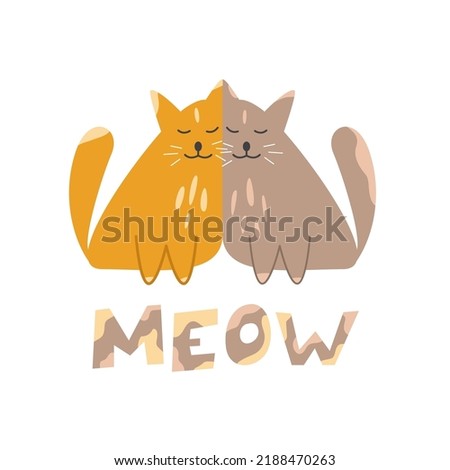 Hand drawn cats in love. Funny cartoon kitten. Sweet Couple. Meow lettering. Vector illustration 