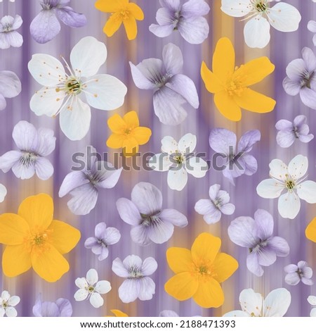 Floral seamless pattern. White, violet and yellow flowers on blurred background. Collage. Royalty-Free Stock Photo #2188471393