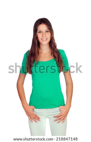 Attractive young girl in green isolated on a white background