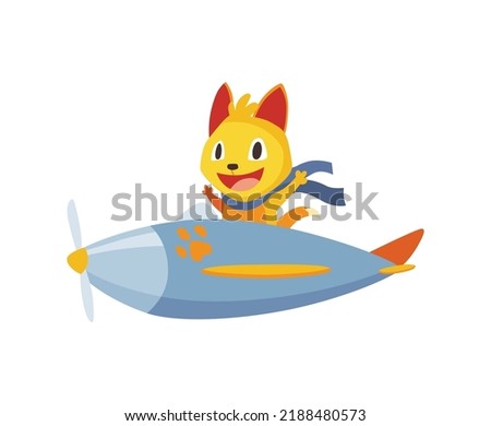 Cute baby animal cat with scarf fluttering on airplane. Funny and happy pilot flying on plane. Cartoon vector character fly on retro transport
