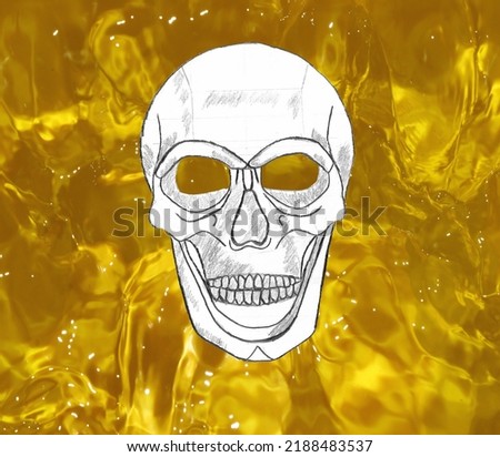 hand drawn skull in water background, watery eyes, yellow water, creative art modern design, abstract idea