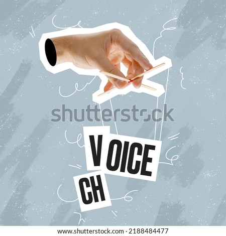 Voice or choice. Surreal conceptual poster. Human hand offers to make a choice between two words. Concept of choice, rights, purpose and meaning of life. Aesthetic of hands. Magazine style