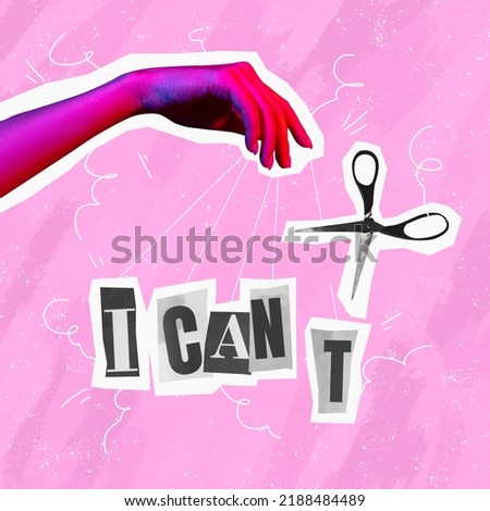 Can or can not. Surreal conceptual poster. Human hand offers to make a choice between two words. Concept of choice, rights, purpose and meaning of life. Aesthetic of hands. Magazine style
