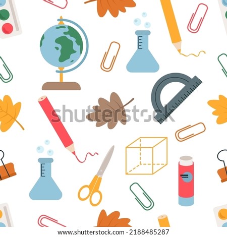 Seamless pattern with school stationery and text. A globe, a brush, paints, a sheet in a cage, scissors, paper clips, a calculator, glue. Vector background for printing on paper, fabric, packaging