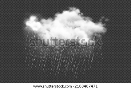 Realistic rain cloud with drops, raincloud, rainfall, rainstorm, cyclone weather. Isolated vector 3d white fluffy spindrift or cumulus cloud with pouring water droplets. Rainy autumn weather forecast Royalty-Free Stock Photo #2188487471