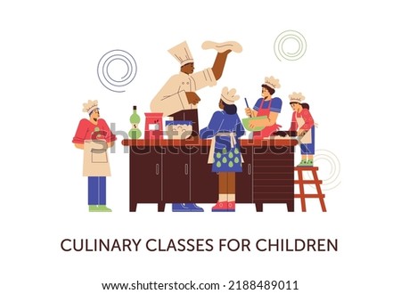 Culinary classes for children banner flat style, vector illustration isolated on white background. Chef teaching kids how to cook, dough in hand, funny lesson Royalty-Free Stock Photo #2188489011
