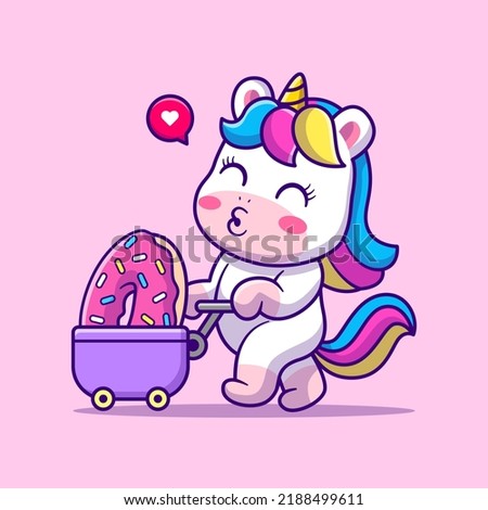 Cute Unicorn Bring Donut With Trolley Cartoon Vector Icon Illustration. Animal Food Icon Concept Isolated Premium Vector. Flat Cartoon Style