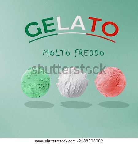 Gelato Ice cream scoops against pastel green background. Abstract Infographic design of ice cream. Food deconstructed food styling concept.Trendy summer collage of creative art minimal aesthetic