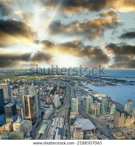 Aerial view of Toronto city skyline at dusk. Sunset sky colors, Canada