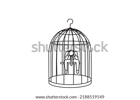 Drawing of alone desperate businessman in a bird cage want to resign. Single continuous line art

