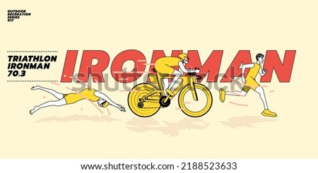 Flat modern illustration concept of Triathlon, swim bike run. A triathlete man running biking and swimming in ocean. Panorama layout. Three pictures composite of professional fitness athlete.